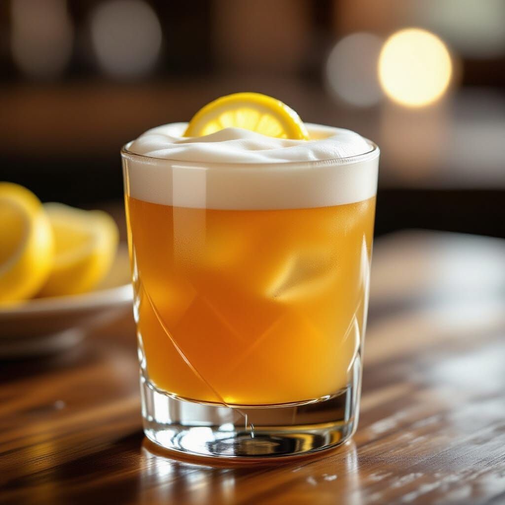 Photorealistic Whiskey Sour with Egg White Foam and Lemon