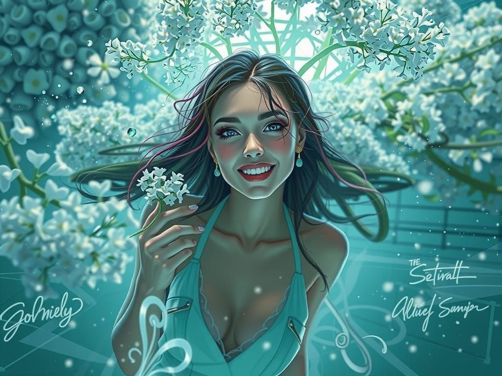 Pencil Sketch of Woman with Pink Hair and Lilacs