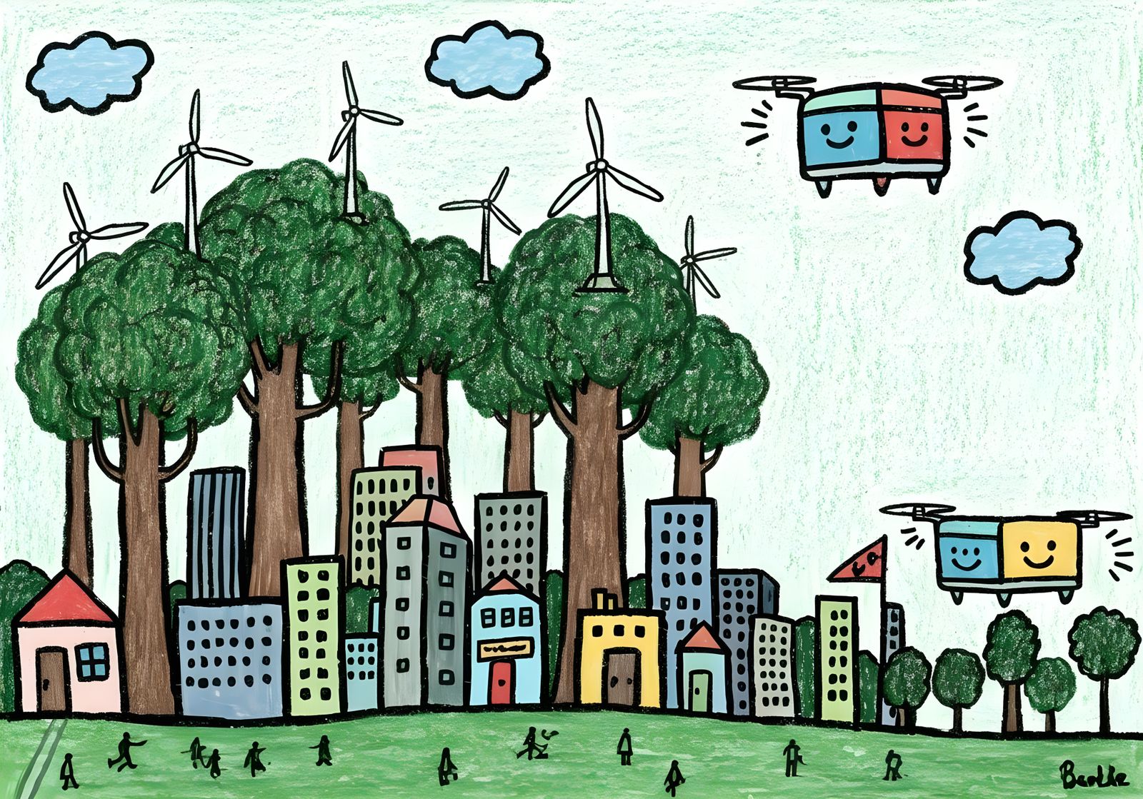 Childlike Crayon Drawing of a Green, Joyful City