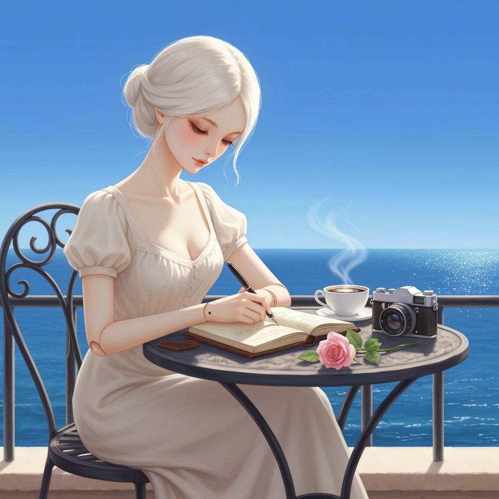 Doll-Like Woman Writing Journal at Romantic Cafe