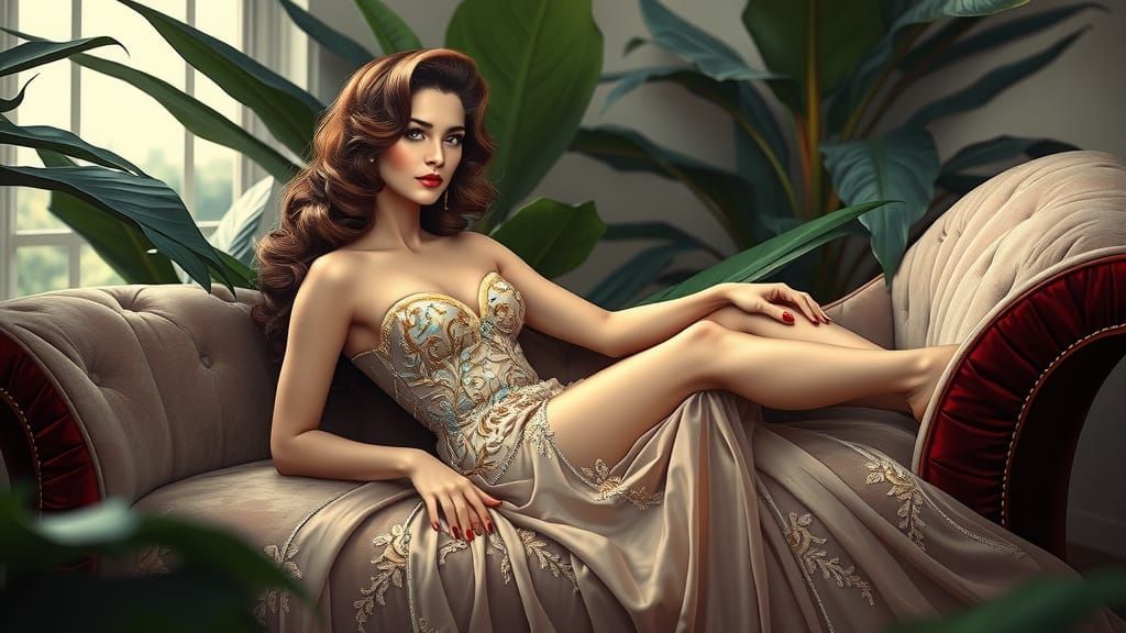 Glamorous Woman Lounging, Retro Pin-Up in Hyperrealism