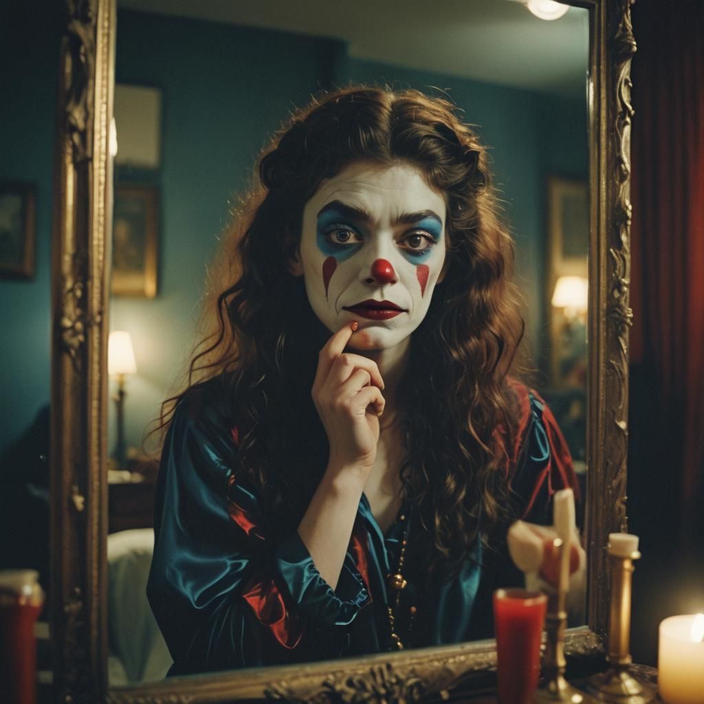Clown Makeup Reflection in Golden Light