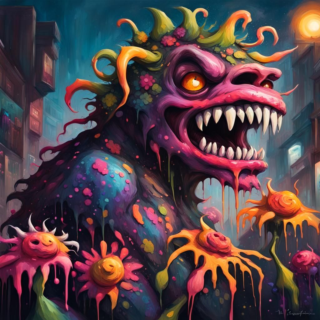 Evil Flower Monster at Night Fair in Graffiti Art