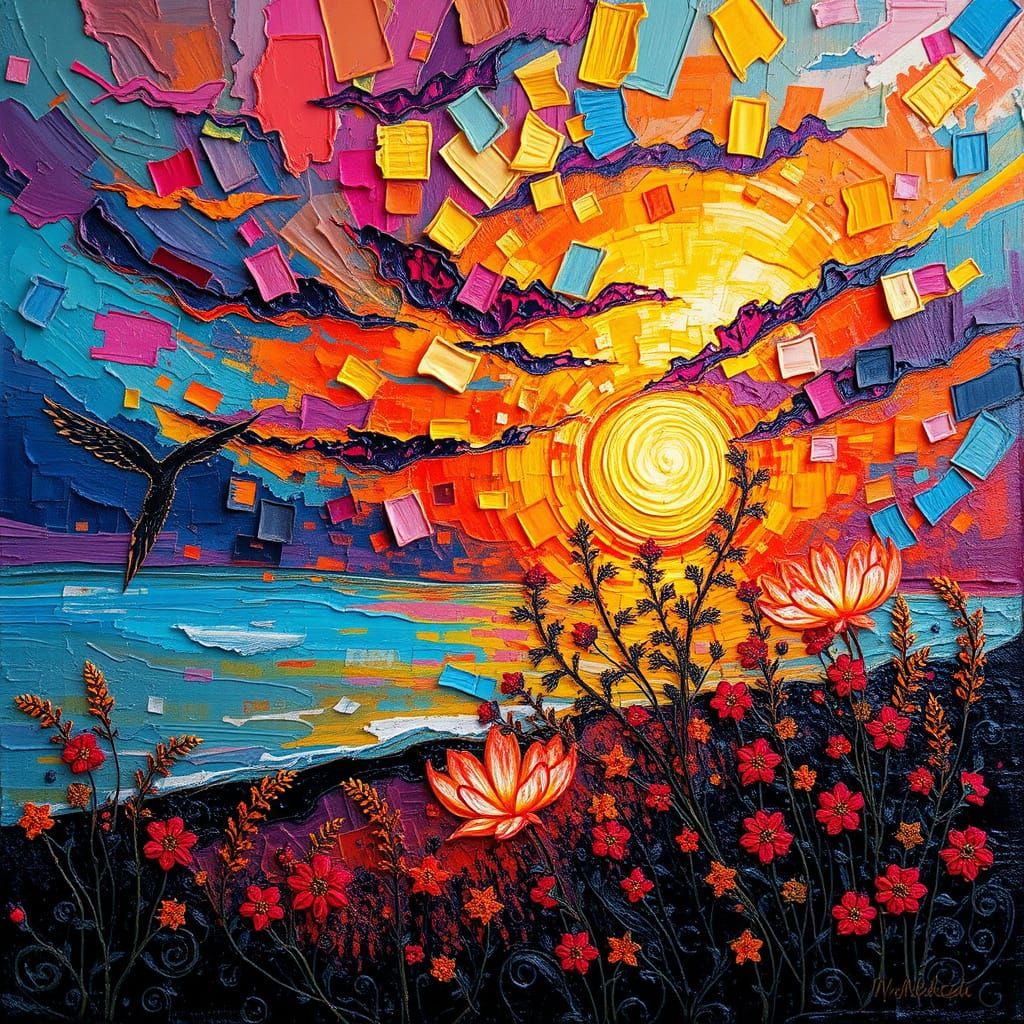 Vibrant Neo-Impressionist Sunset with Metallic Accents