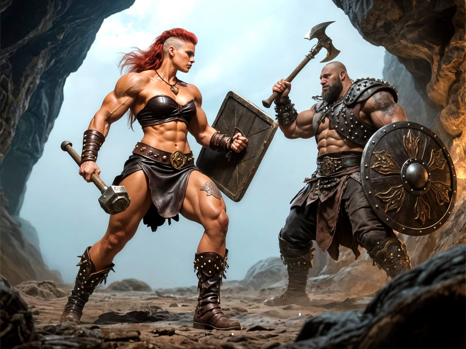 Amazonian Warrior Fights Bandit Leader in Medieval Cave