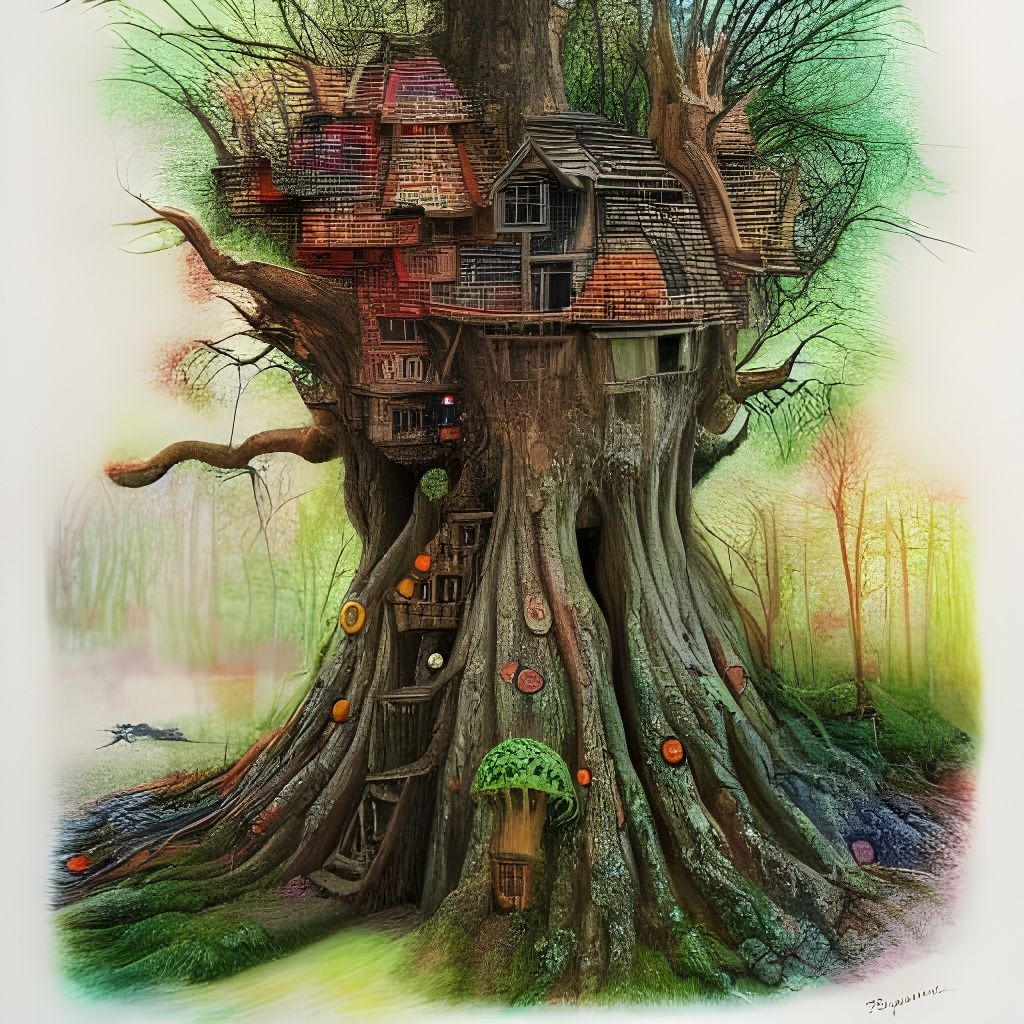 Treehouse in Tree Stump: Vivid Mixed Media Illustration