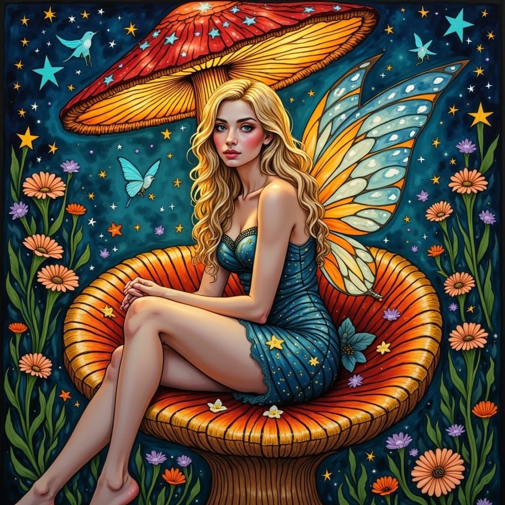 Stained Glass Fairy Portrait in Mushroom Chair