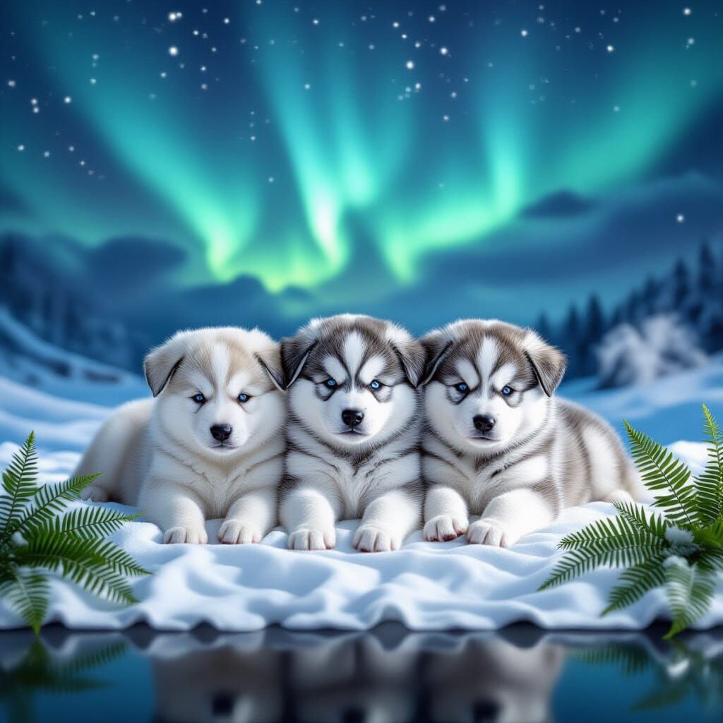 Hyperrealistic Alaskan Malamute Puppies with Aurora Borealis