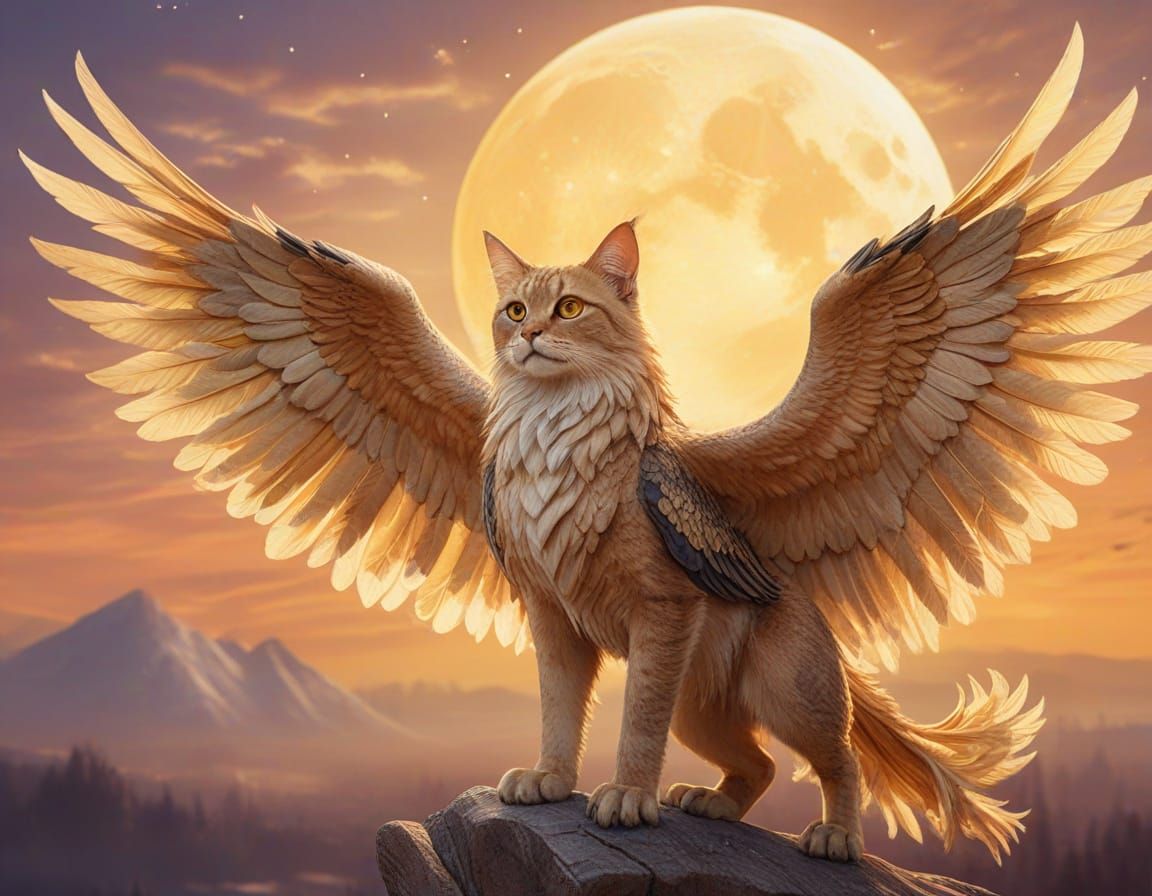 Cat Gryphon Hybrid in Golden Moonlight: Watercolor Fantasy A...
