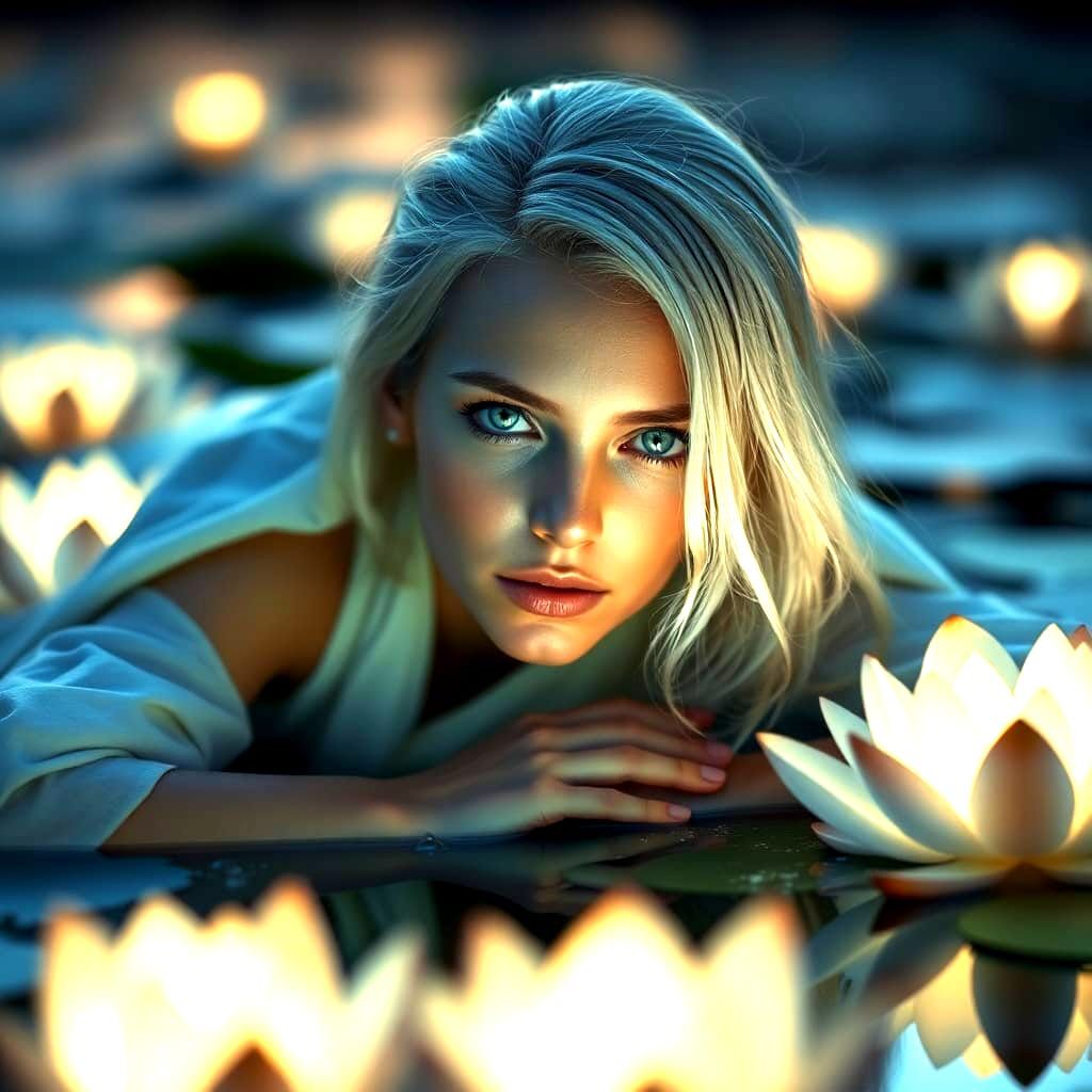 Ethereal Yogi in Twilight Lily Pond