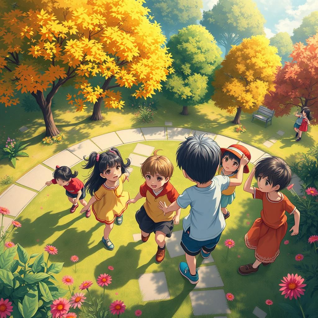 Children Playing in Park in Anime Art Style