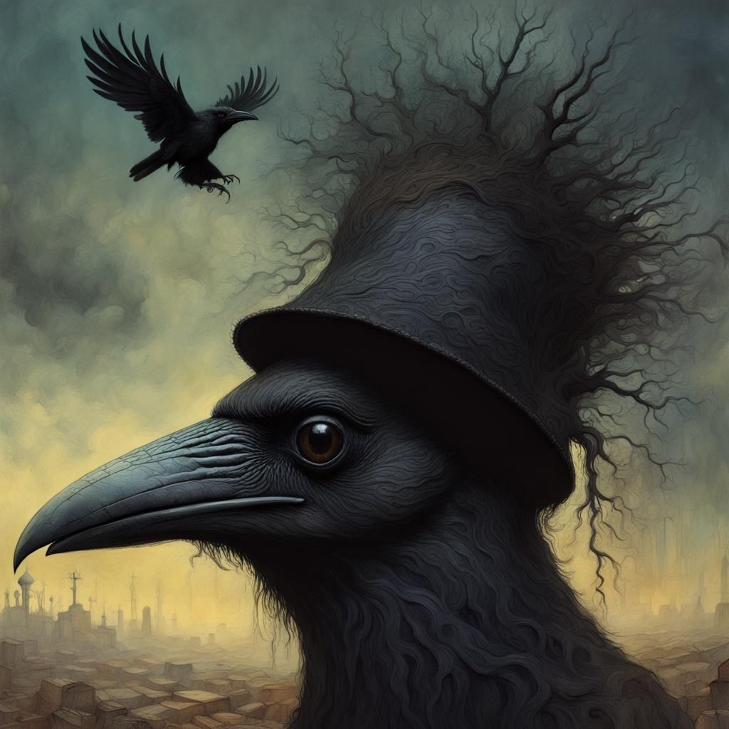 Raven in Scary Hat: Surreal Digital Illustration