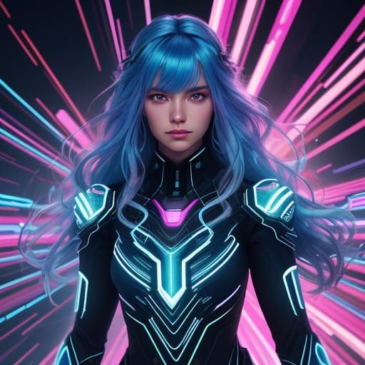 Young Woman in Vibrant Digital Sci-Fi Landscape