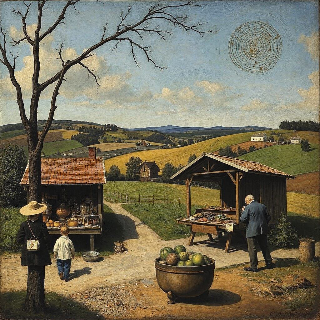 Eventful Farmstand in the Style of El Greco and Klee