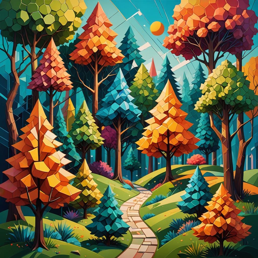 Vibrant Geometric Trees in Abstract Art