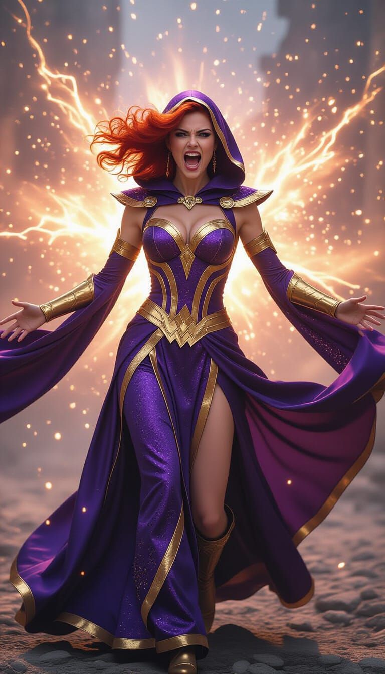 Nebula Goddess in Battle Pose, Fiery Hair, Cosmic Energy