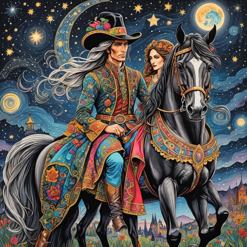 Pop-Art Horse with Riders Under Starry Sky