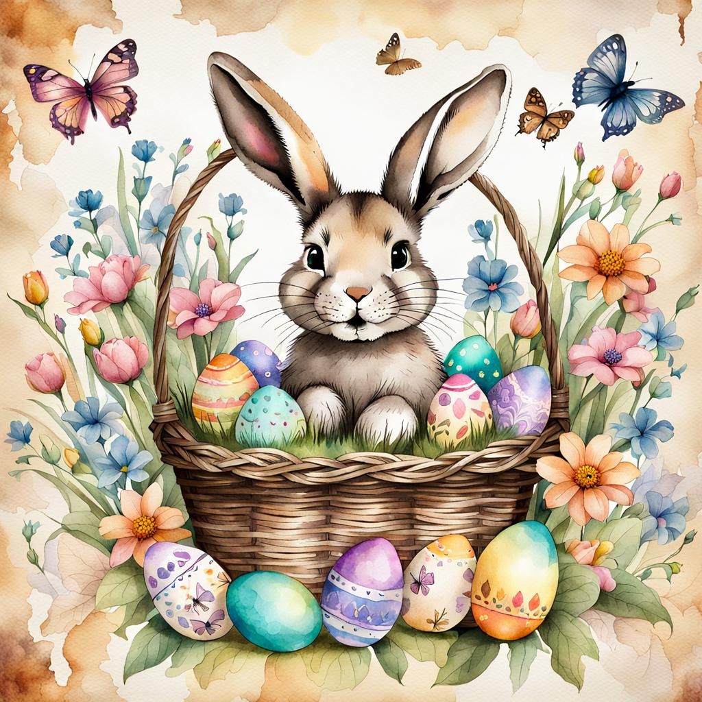 Charming Easter Bunny Basket Ink Illustration