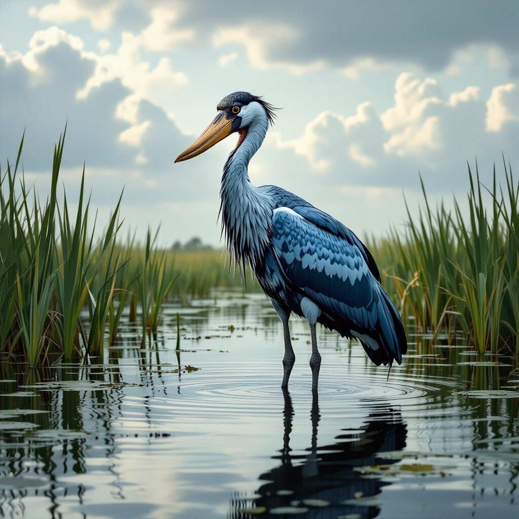 Shoebill Stork in African Swamp, Photorealistic Style