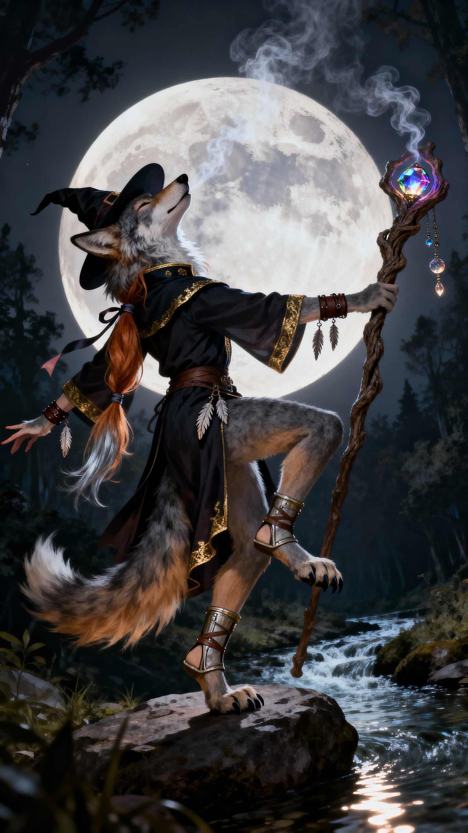 Furry Wolf Witch Dances Under Giant Moon