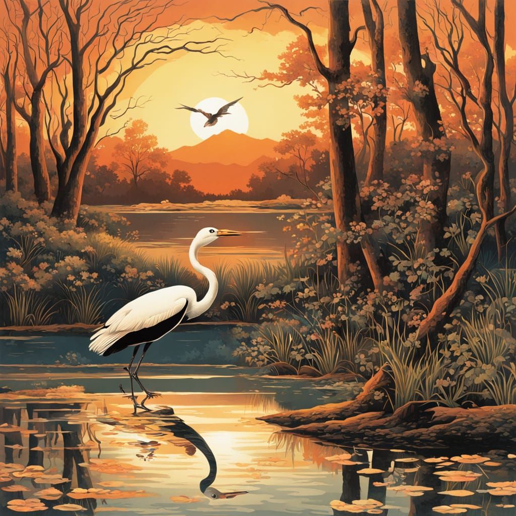 Beautiful Sunset Sky in John James Audubon Style