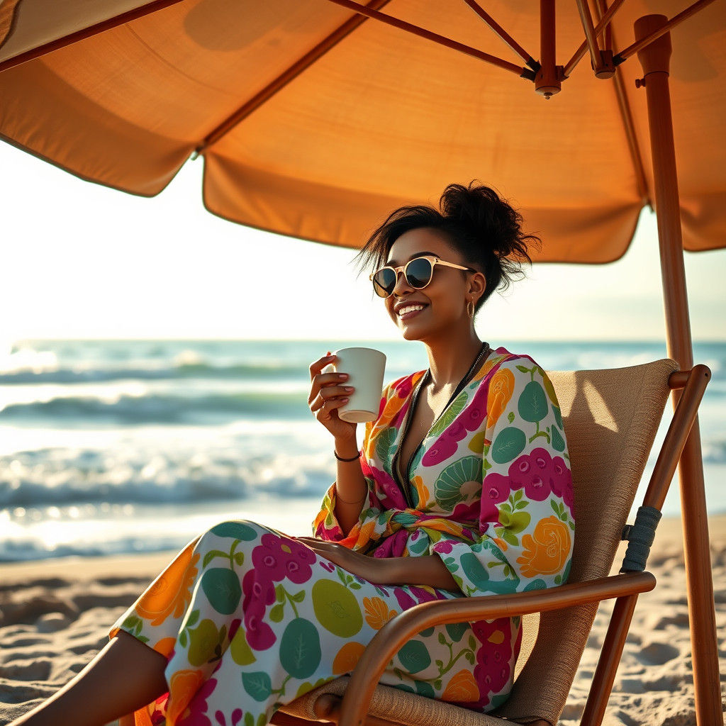 Woman in Colorful Jelaba Sipping Coffee at Beach