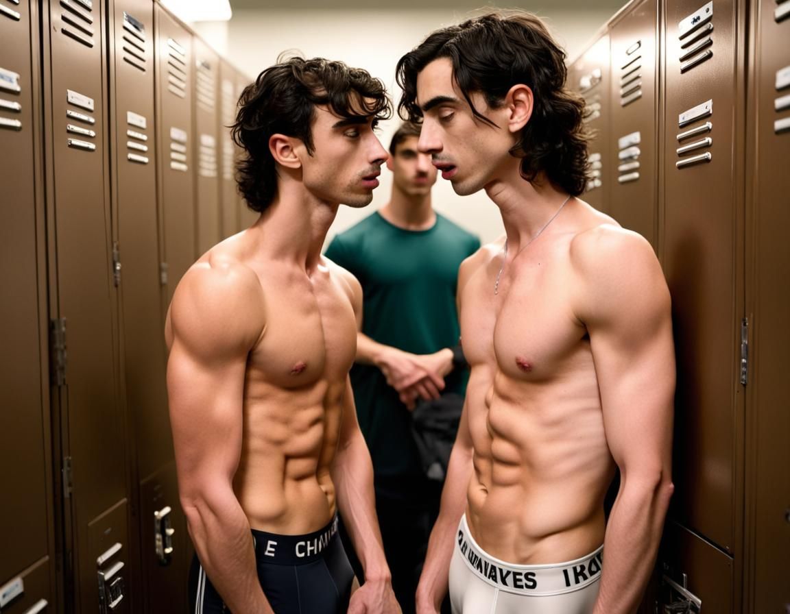 Joe Jonas and Timothée Chalamet in underwear, in a locker ro...