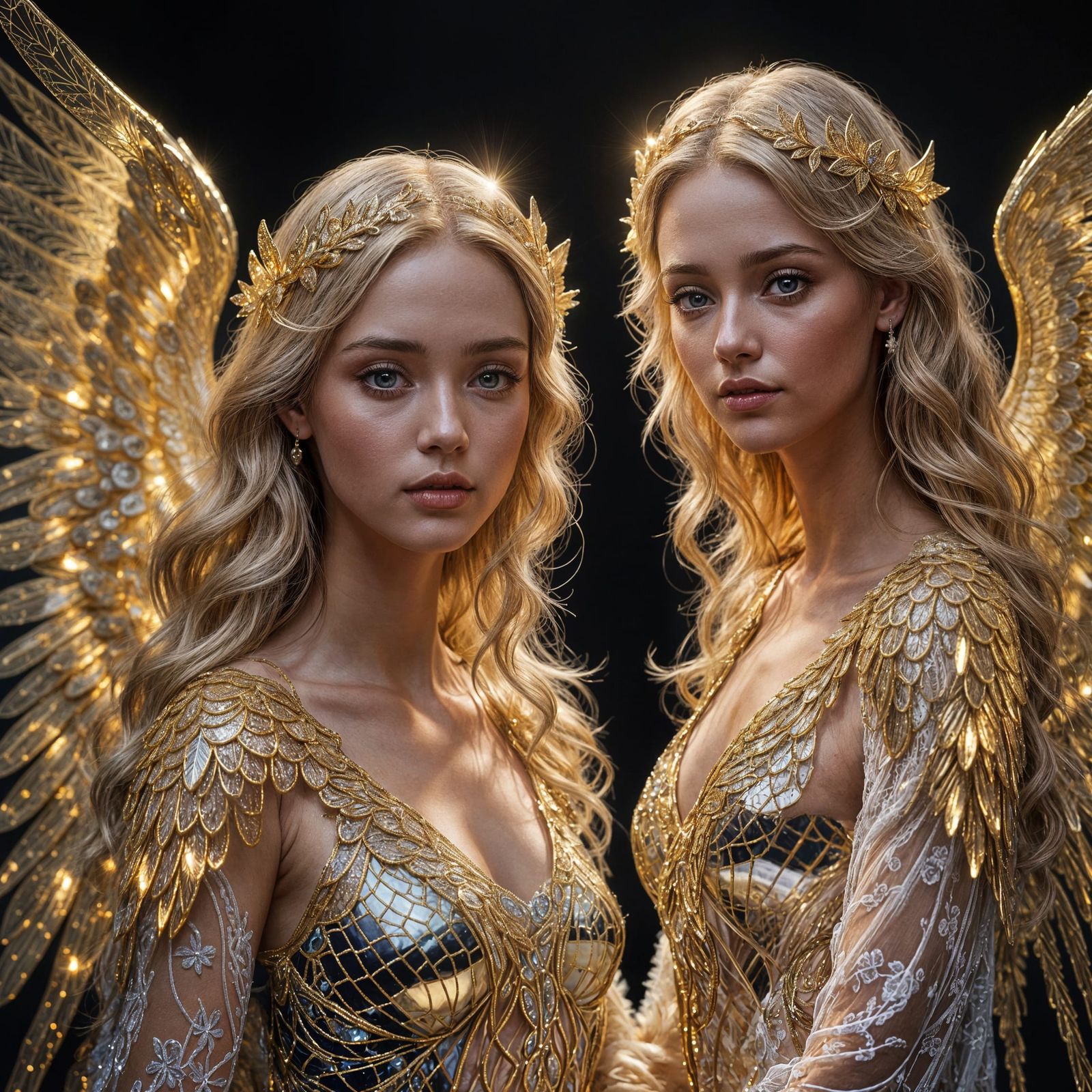 Realistic Divine Angels with Golden Hair and Glowing Lace Wi...