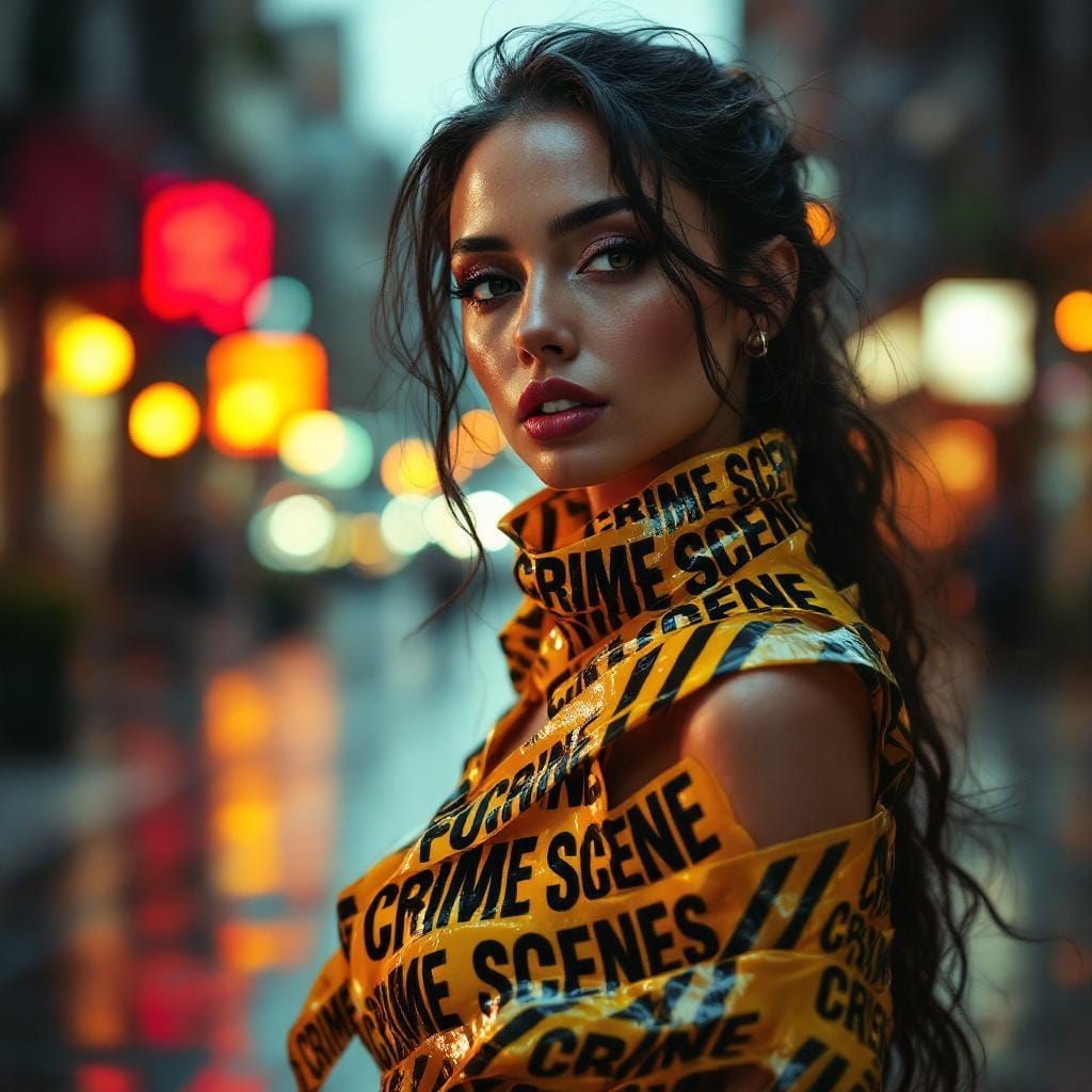 Woman's Crime Scene Dress in Hyperrealistic Street Photo