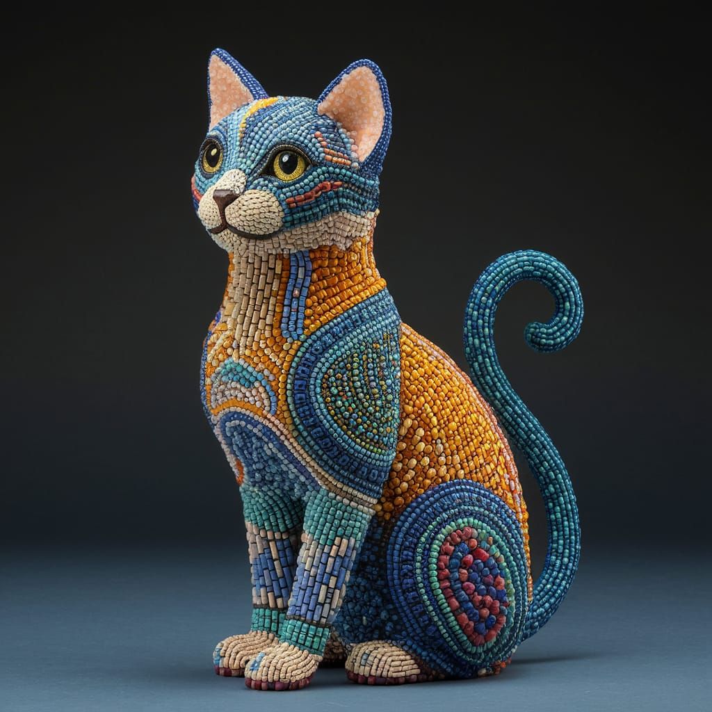Detailed Beaded Cat Figurine in Gradient Shades