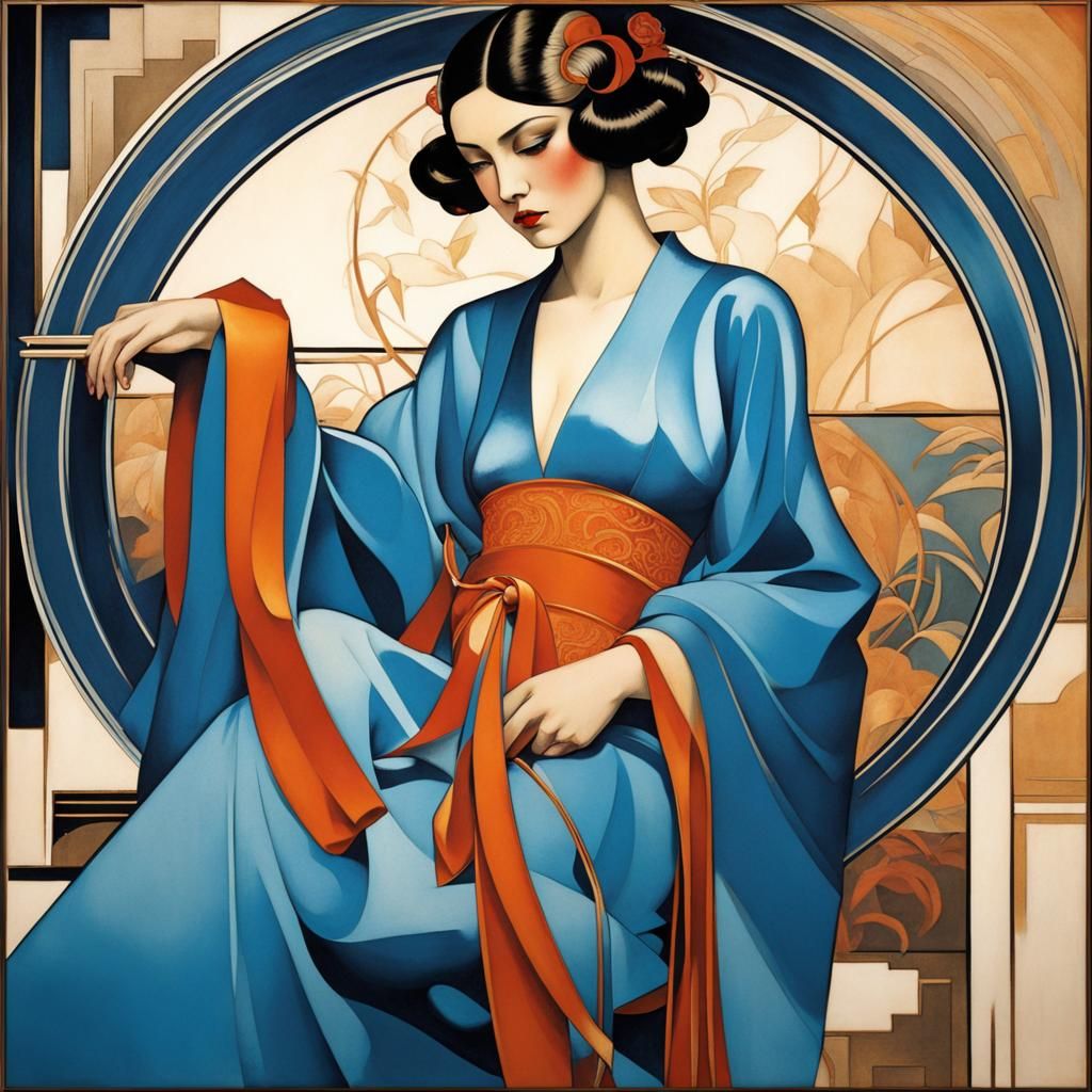 Art Deco Chinese Lady in Blue Hanfu