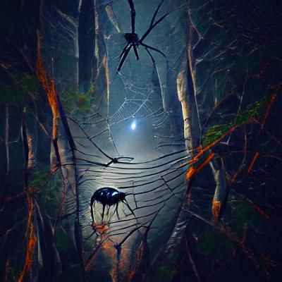 Hyperrealistic Black Spider in Night Forest Web