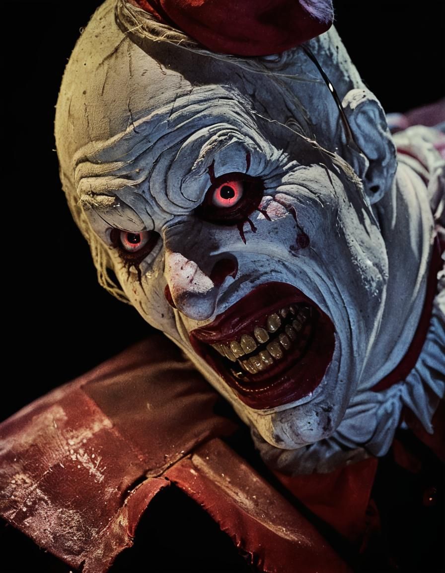 Demonic Clown Grinning in Abandoned Carnival