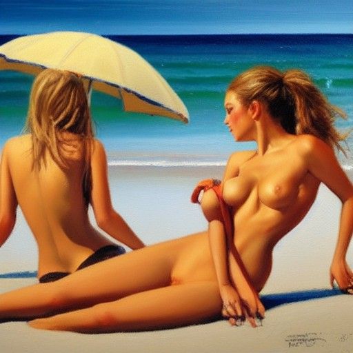 Beach Scene Oil Painting of Beautiful Women