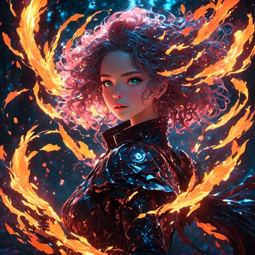Enchanting Girl Amidst Fiery Darkness