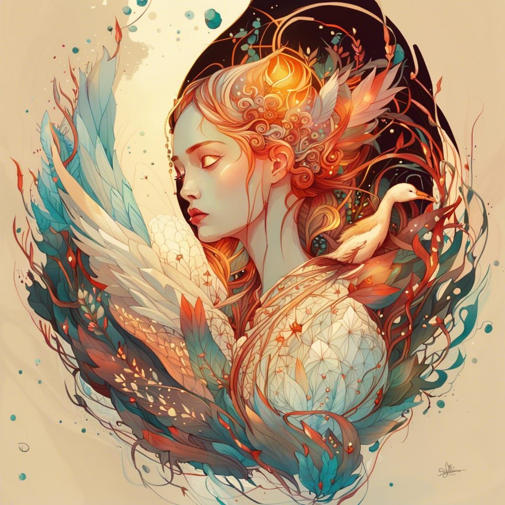 Luminous Swan with Golden Outlines Digital Painting