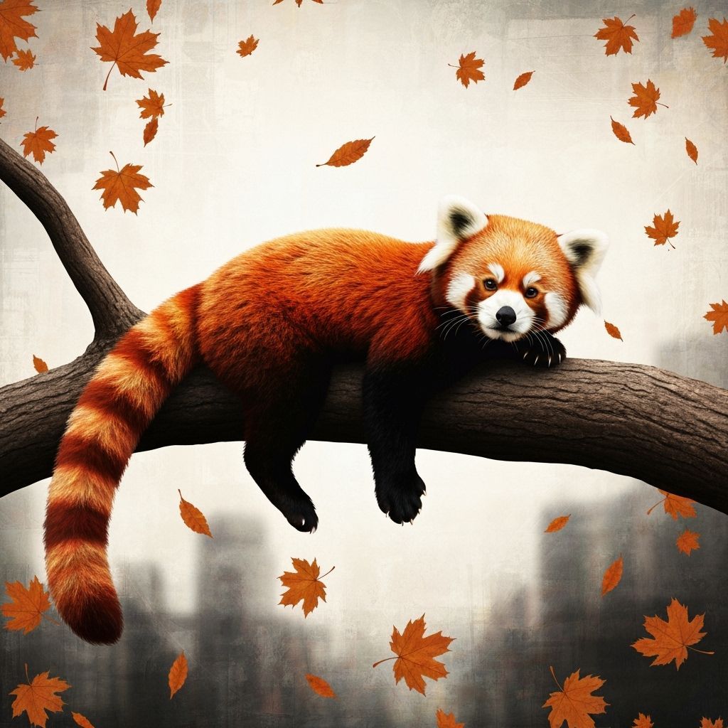Red Panda on Branch in Autumn Leaves, Mixed Media Surrealism