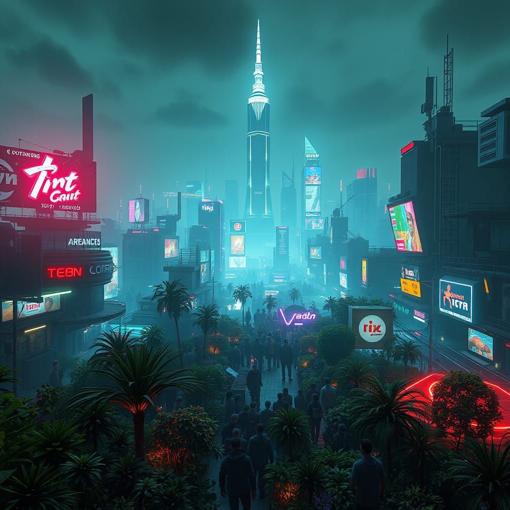 Cyberpunk Garden Amidst Dystopian Metropolis