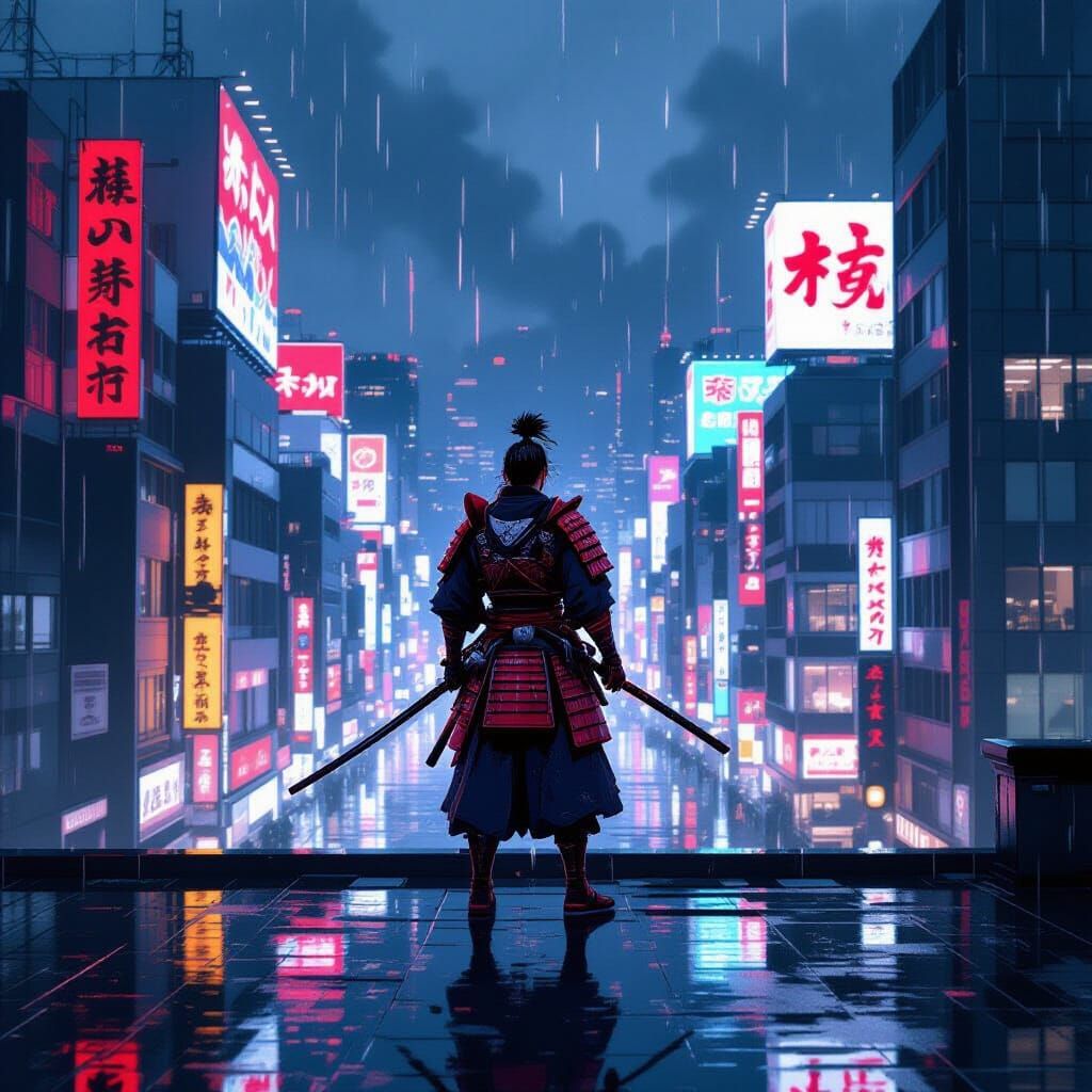 Crimson Samurai on Tokyo Rooftop at Dusk