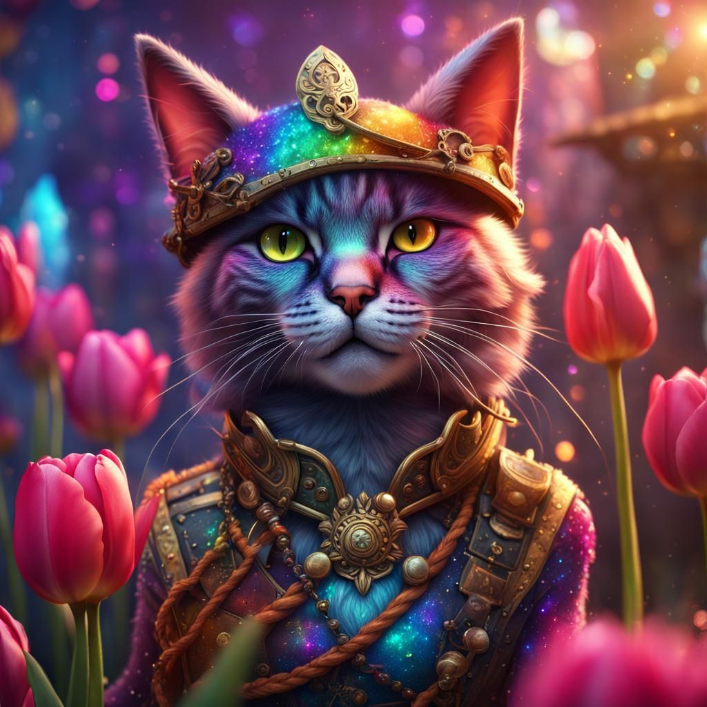 Rainbow Pirate Cats in a Tulip Garden