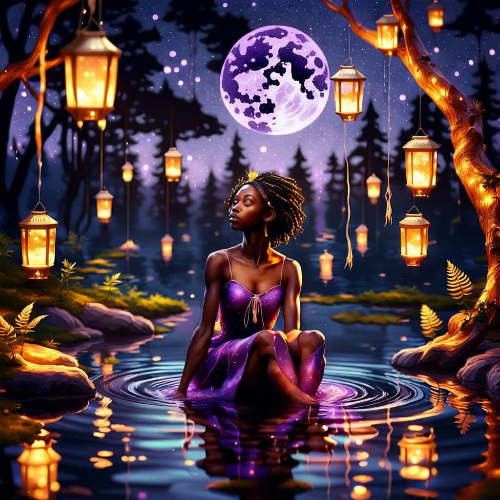 (An African-American forest nymph soaking her feet in a pond:1.1) in the midst of (mystical forest:1.2) on a staŕry nigh...
