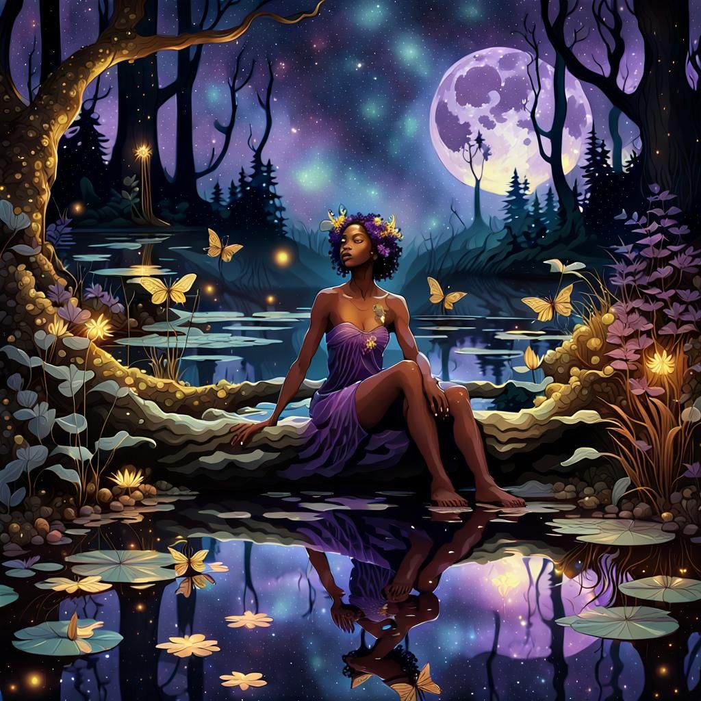 (An African-American forest nymph soaking her feet in a pond:1.1) in the midst of (mystical forest:1.2) on a staŕry nigh...