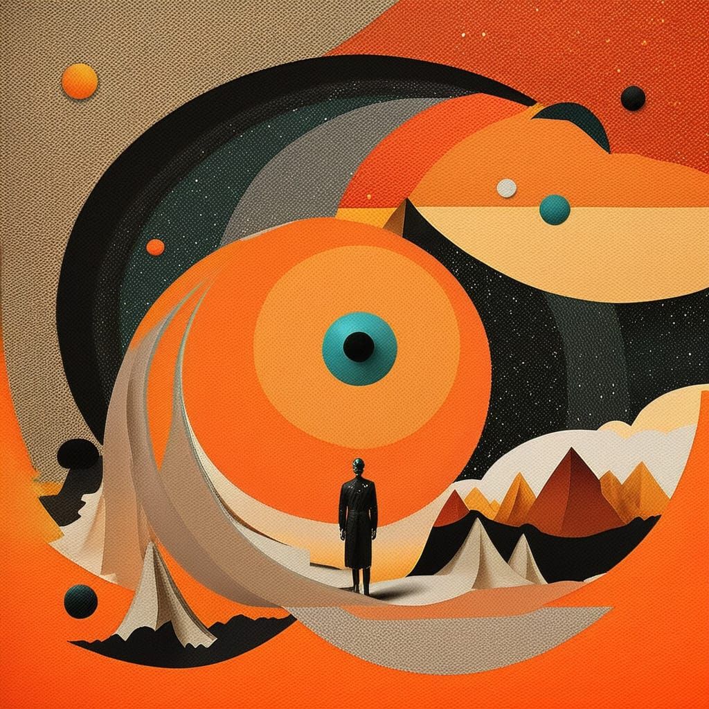 Surrealist Geometric Dreamscape with Vibrant Orange Sky