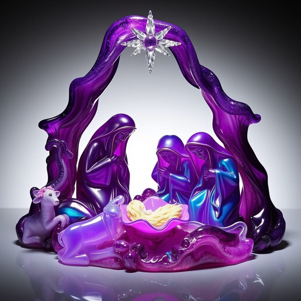 A Nativity scene made of brilliant deep vibrant polished pur...