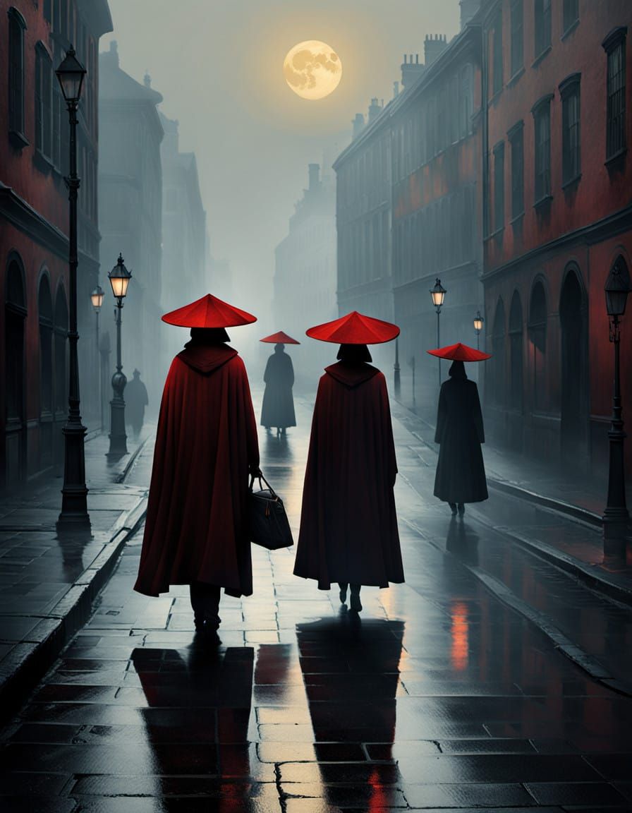 Mysterious Ladies Emerge from Foggy Medieval Night