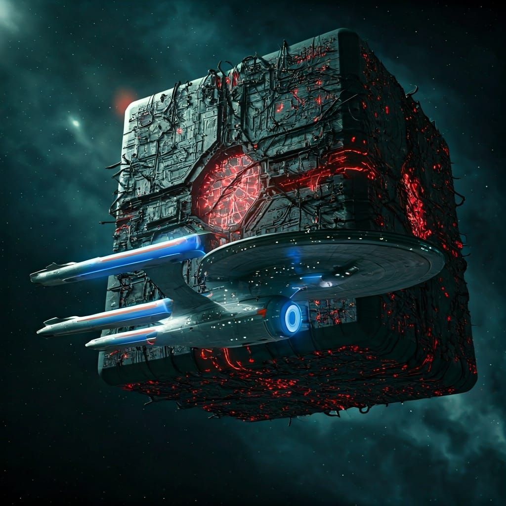 Starfleet Vessel Battles Borg Cube in Sci-Fi Scene
