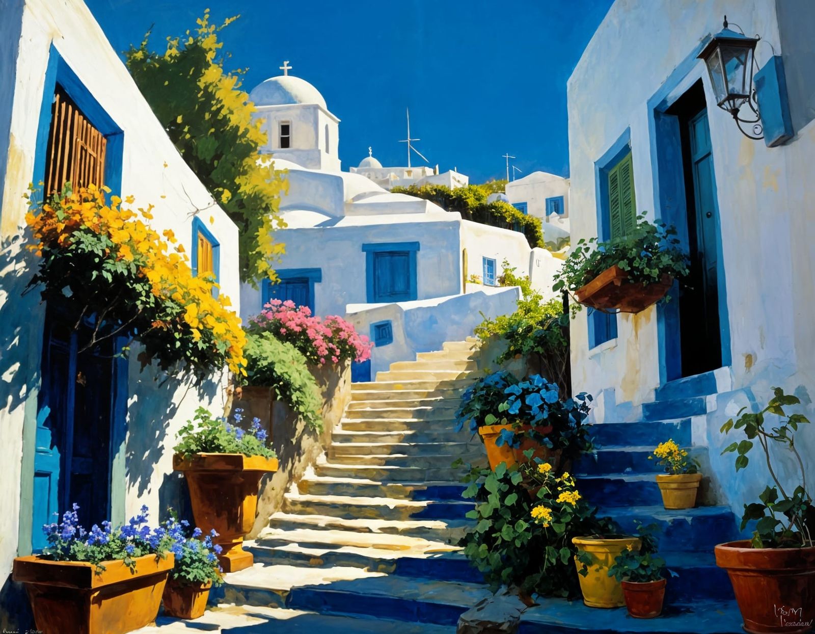 Santorini Alleyways with Blooming Balconies in Impressionist...