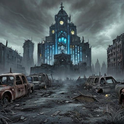 Surreal Post-apocalyptic Cityscape in Dark Fantasy Style