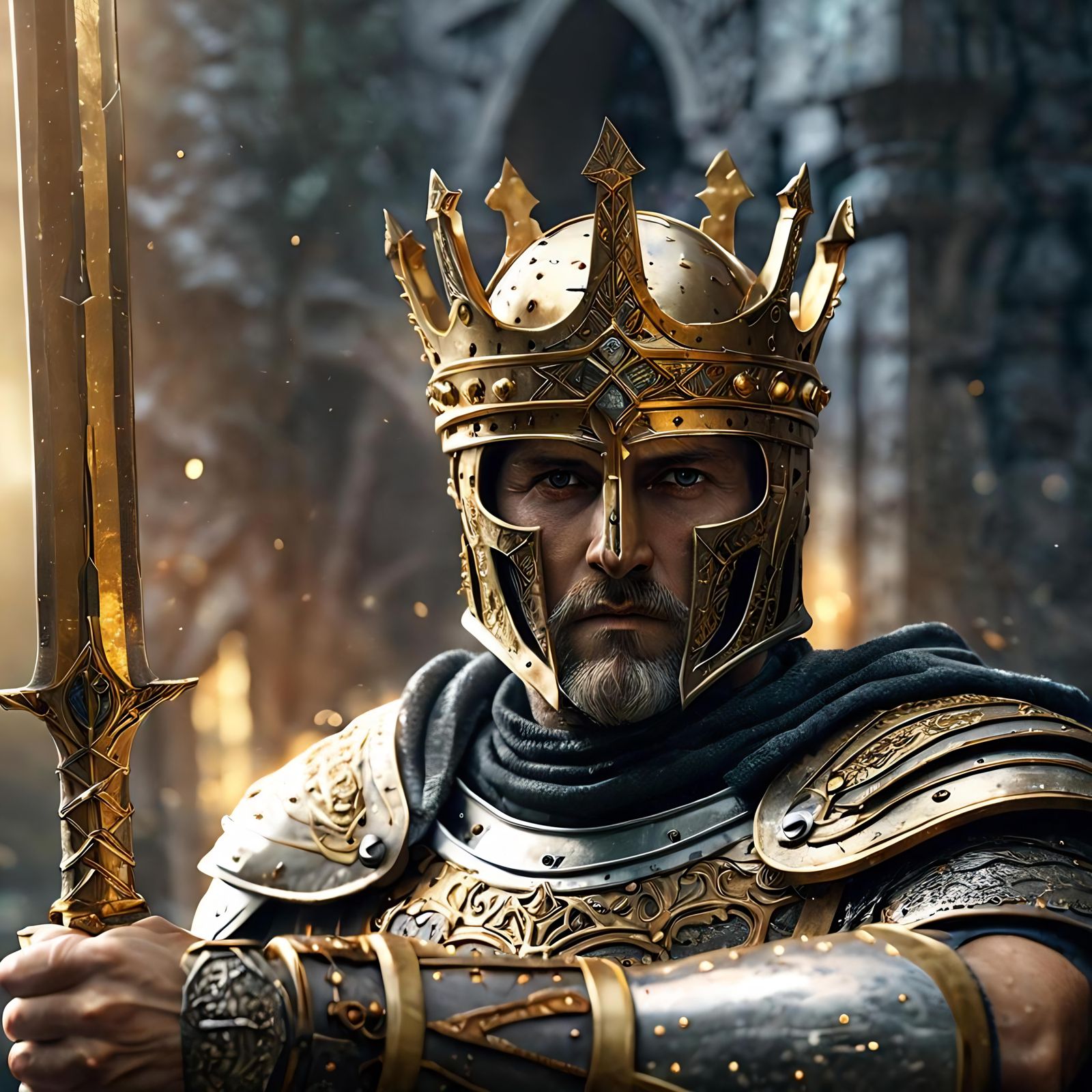 King Arthur Portrait with Excalibur in Golden Armor