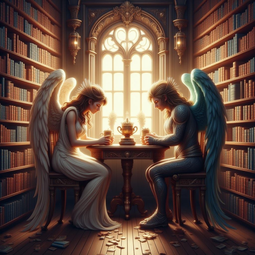 Angel and Demon Share Coffee in Peaceful Library Cafe